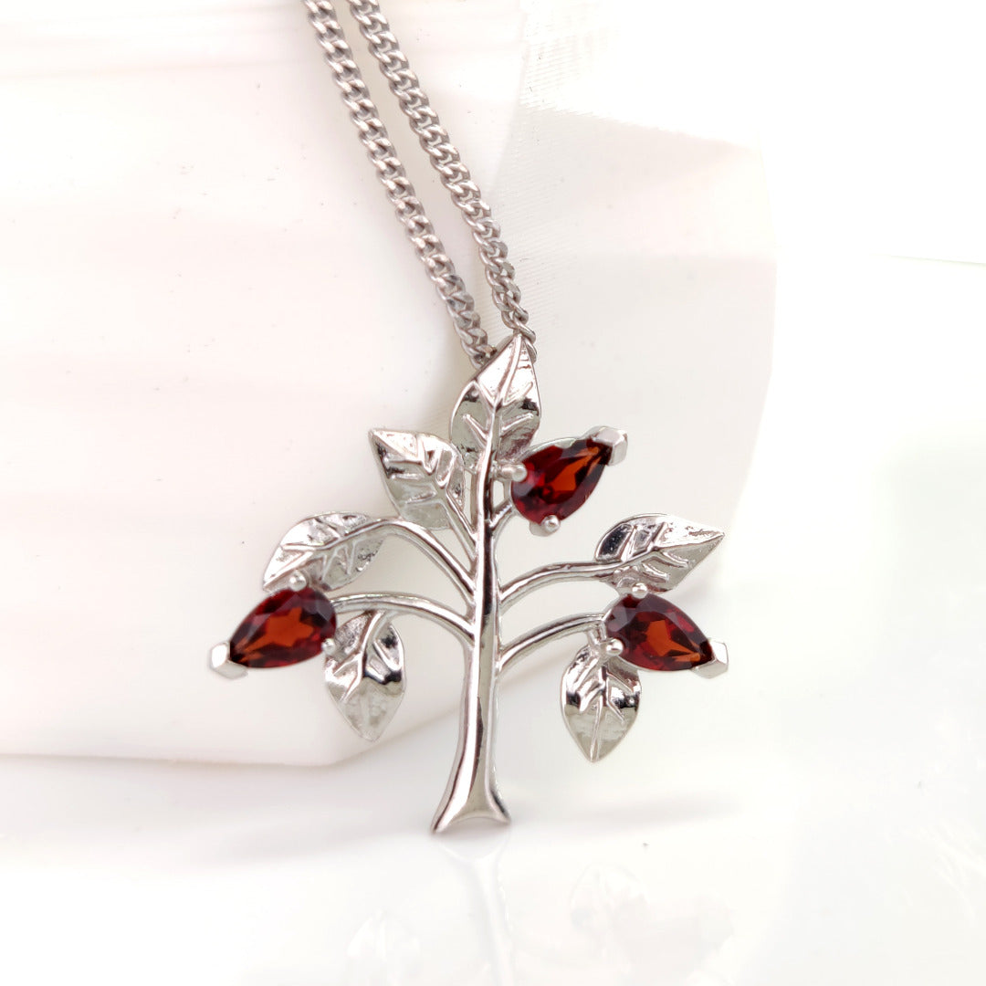 Garnet Necklace 0.75ct Pear Red Tree of Life Pendant Sterling Silver