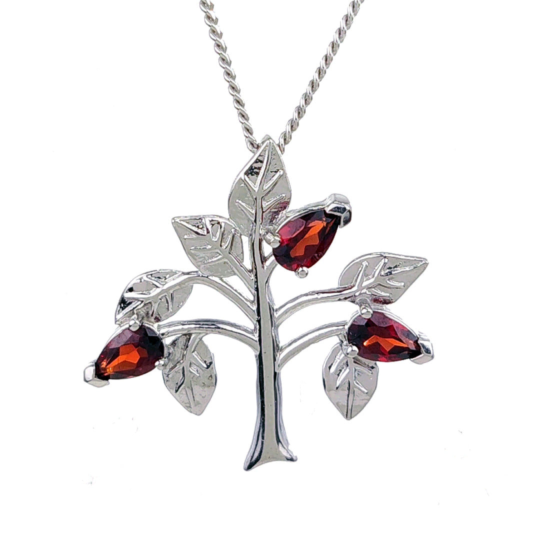 Garnet Necklace 0.75ct Pear Red Tree of Life Pendant Sterling Silver