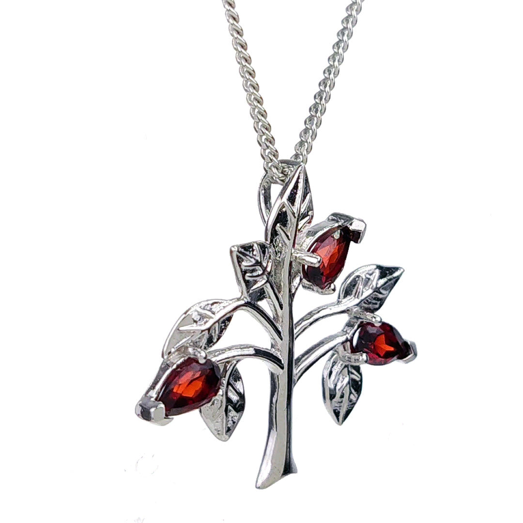 Garnet Necklace 0.75ct Pear Red Tree of Life Pendant Sterling Silver