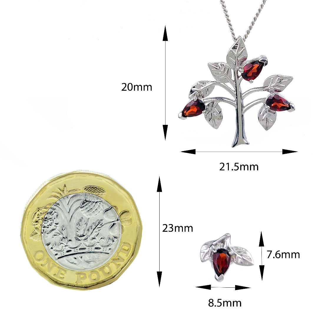 Garnet Necklace Earring Set 1.25ct Pear Red Tree of Life Sterling Silver