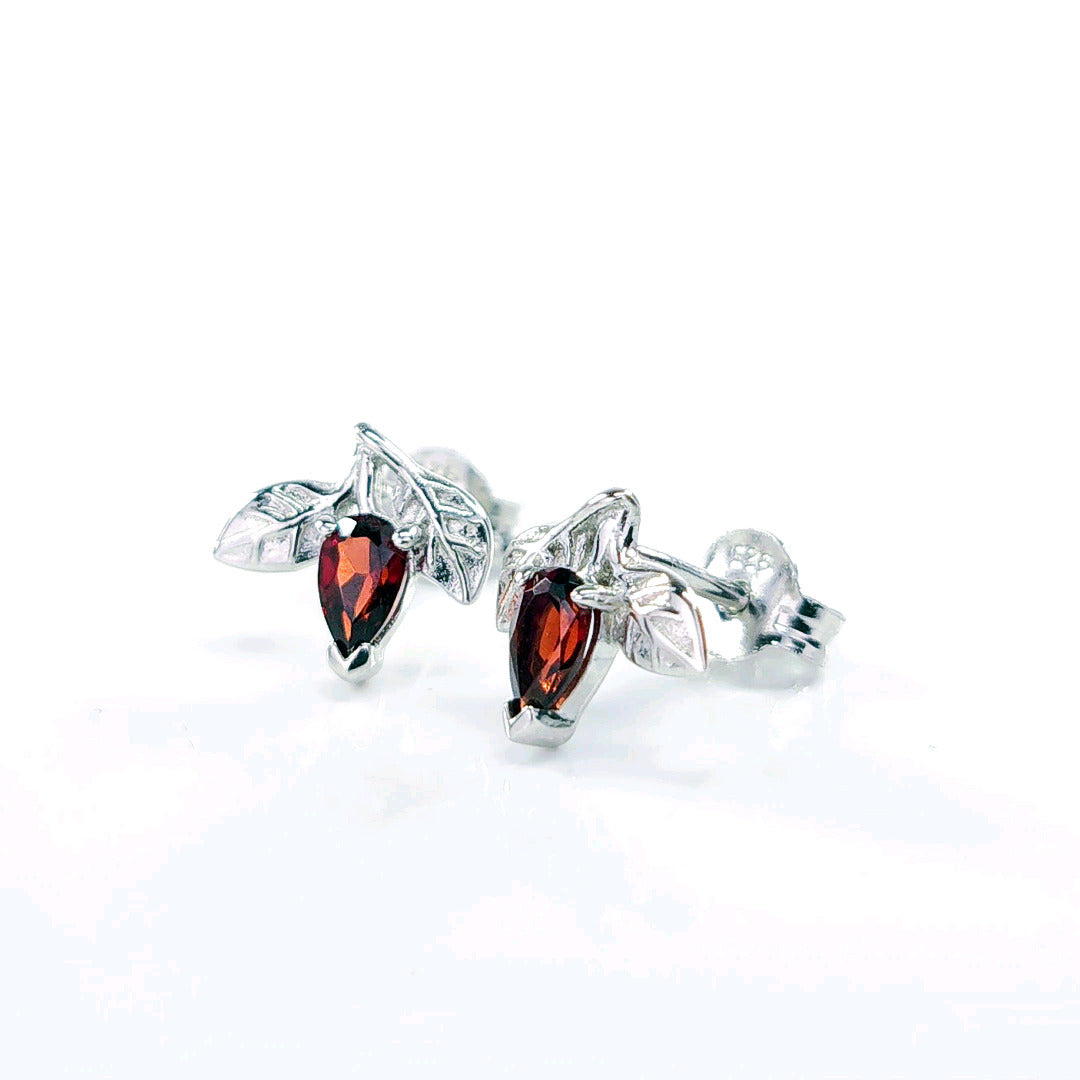 Garnet Earrings 0.5ct Pear Red Tree of Life Studs Sterling Silver