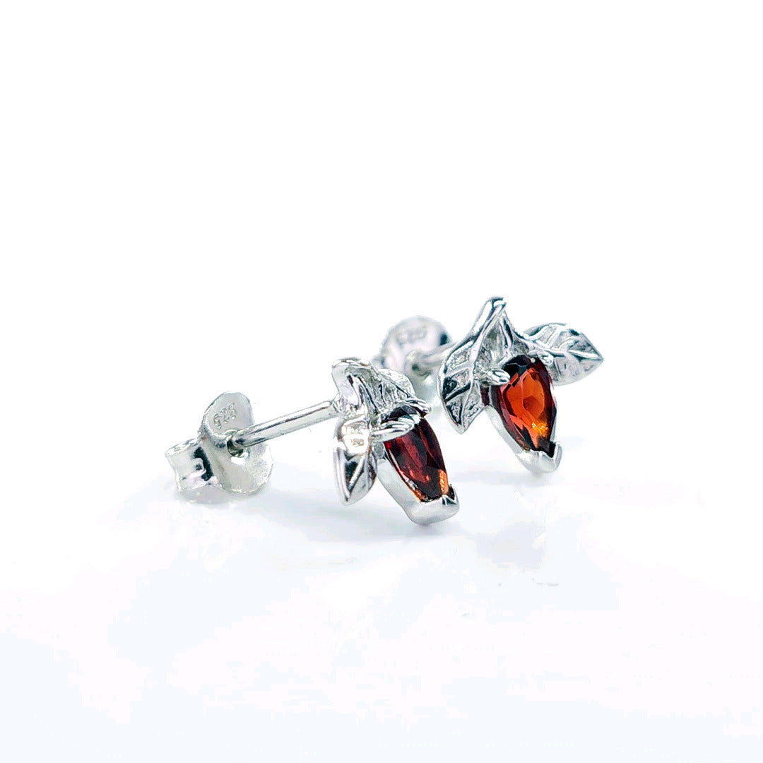 Garnet Earrings 0.5ct Pear Red Tree of Life Studs Sterling Silver