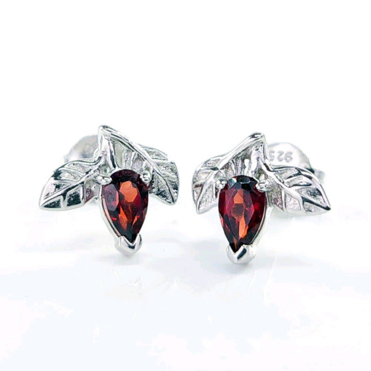 Garnet Earrings 0.5ct Pear Red Tree of Life Studs Sterling Silver