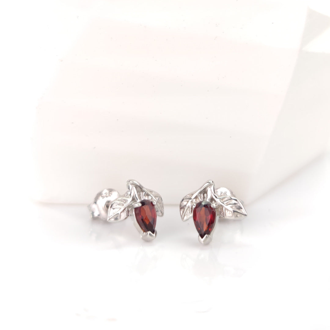 Garnet Earrings 0.5ct Pear Red Tree of Life Studs Sterling Silver