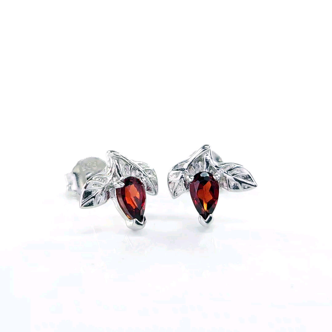 Garnet Earrings 0.5ct Pear Red Tree of Life Studs Sterling Silver