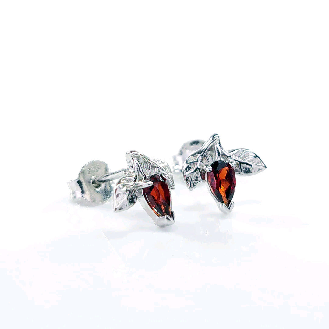 Garnet Earrings 0.5ct Pear Red Tree of Life Studs Sterling Silver