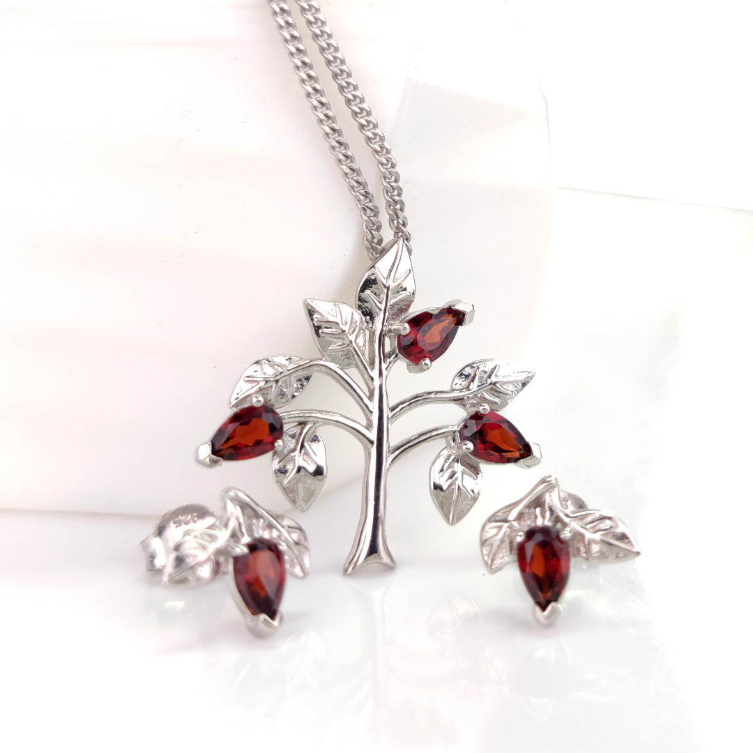 Garnet Necklace Earring Set 1.25ct Pear Red Tree of Life Sterling Silver