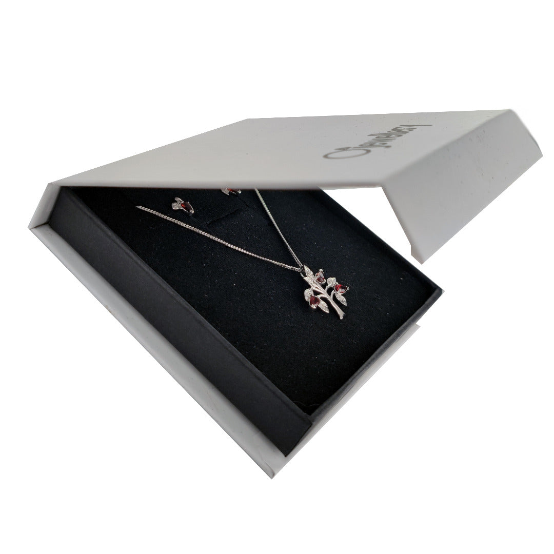 Garnet Necklace Earring Set 1.25ct Pear Red Tree of Life Sterling Silver