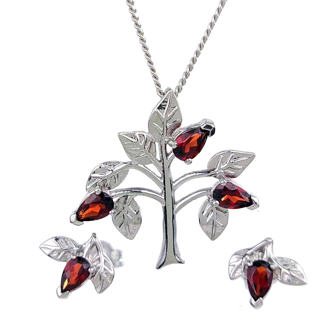 Garnet Necklace Earring Set 1.25ct Pear Red Tree of Life Sterling Silver