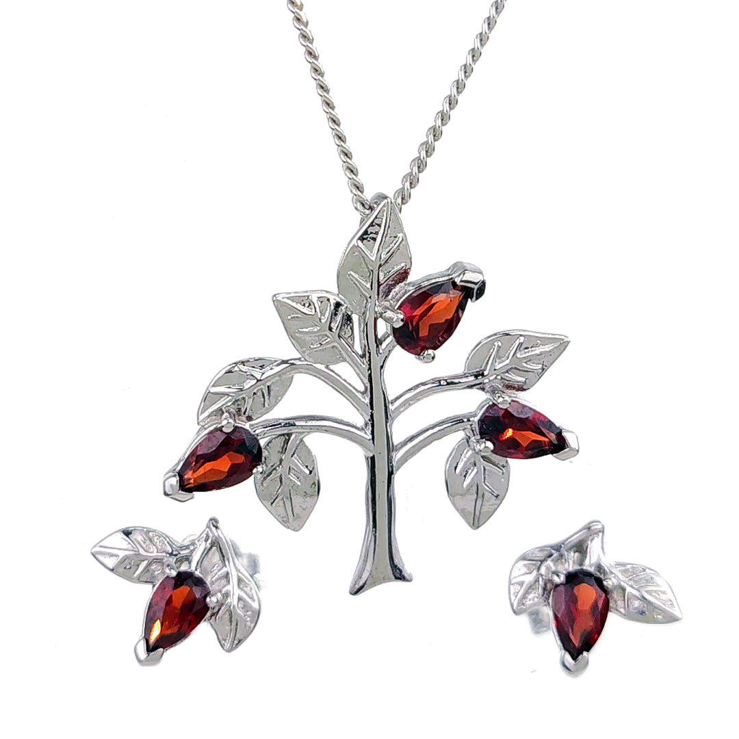 Garnet Necklace Earring Set 1.25ct Pear Red Tree of Life Sterling Silver