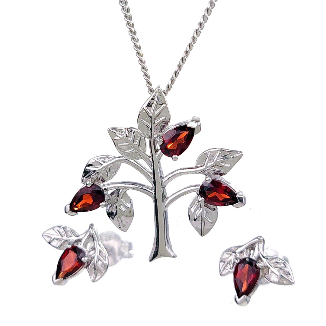 Garnet Necklace Earring Set 1.25ct Pear Red Tree of Life Sterling Silver