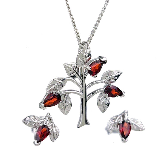 Garnet Necklace Earring Set 1.25ct Pear Red Tree of Life Sterling Silver