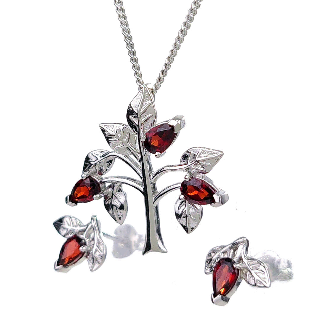 Garnet Necklace Earring Set 1.25ct Pear Red Tree of Life Sterling Silver