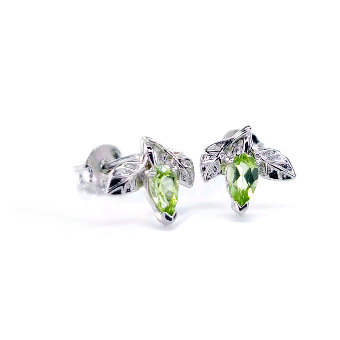 Peridot Earrings 0.5ct Pear Green Tree of Life Studs Silver August Birthstone