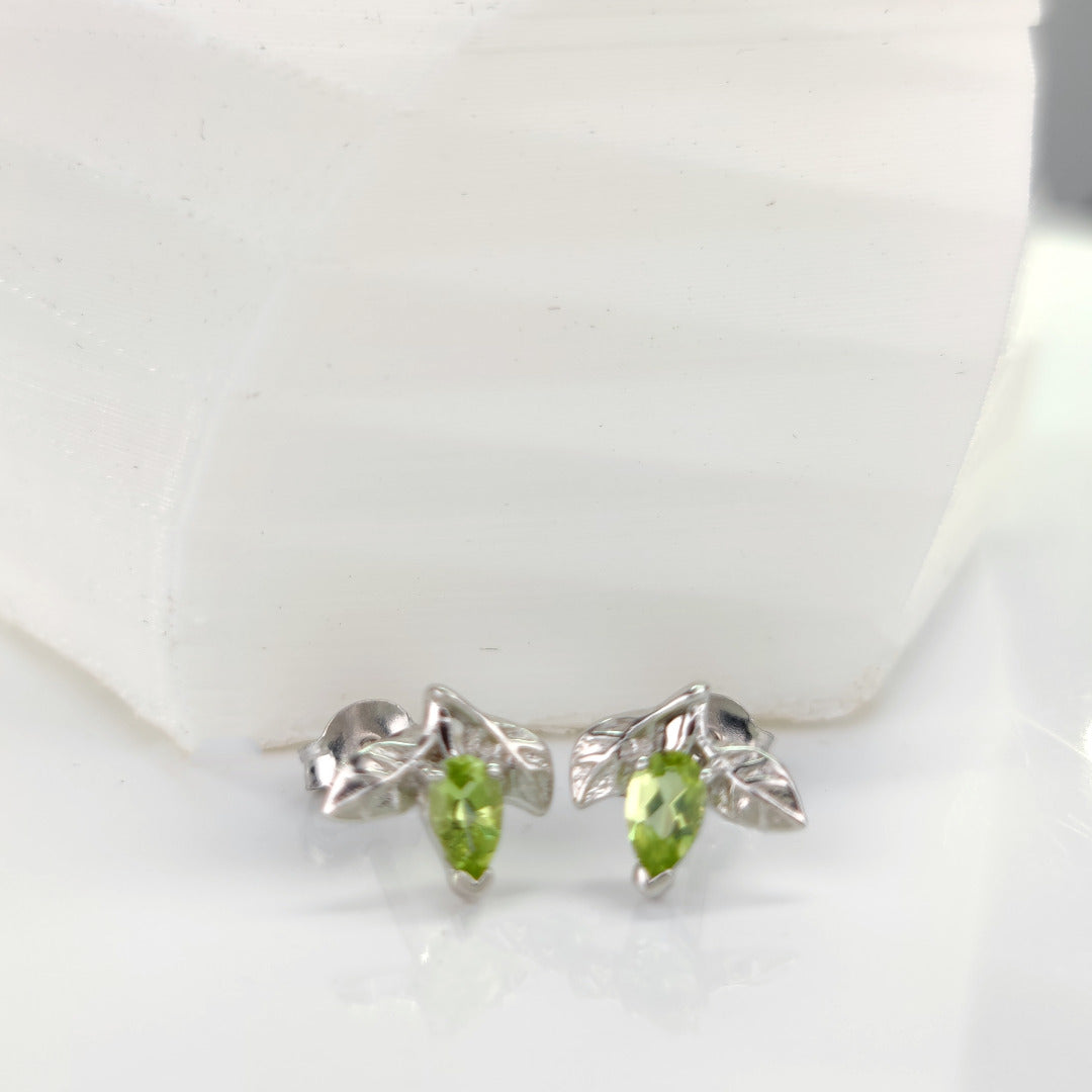 Peridot Earrings 0.5ct Pear Green Tree of Life Studs Silver August Birthstone