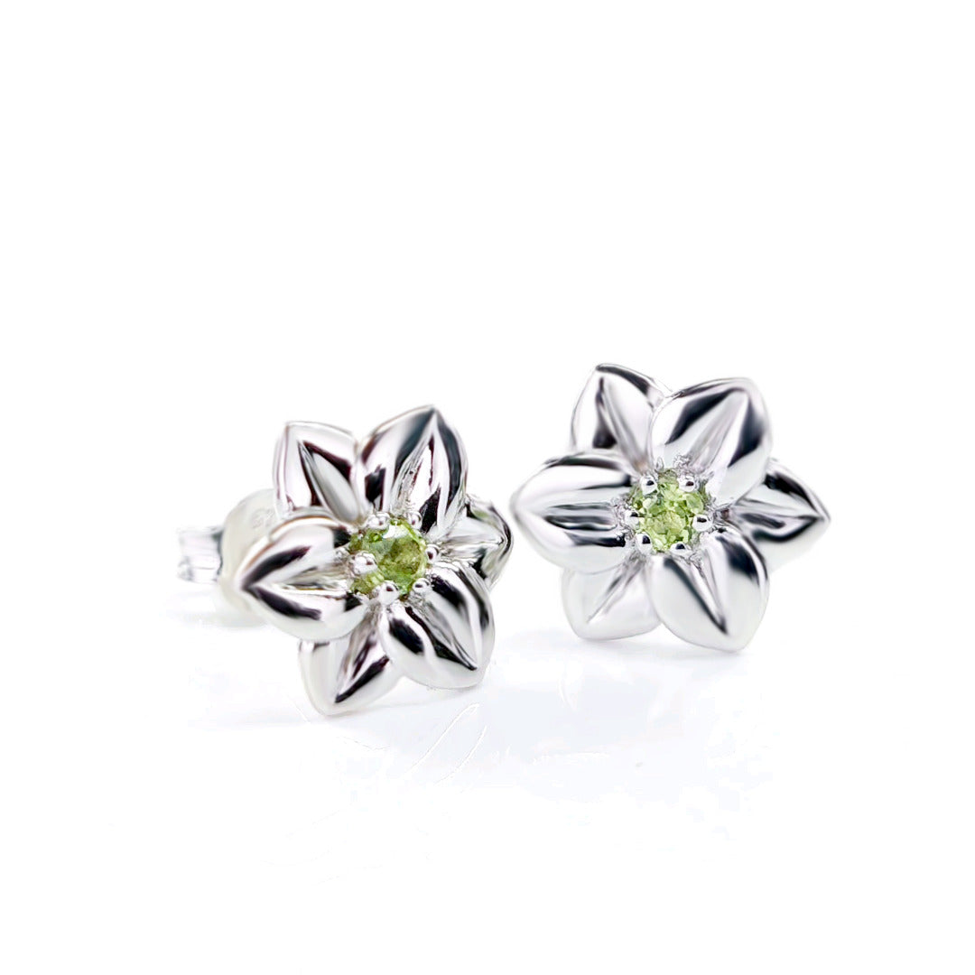 Peridot Flower Earrings 0.14ct Daffodil Green Studs Silver August Birthstone