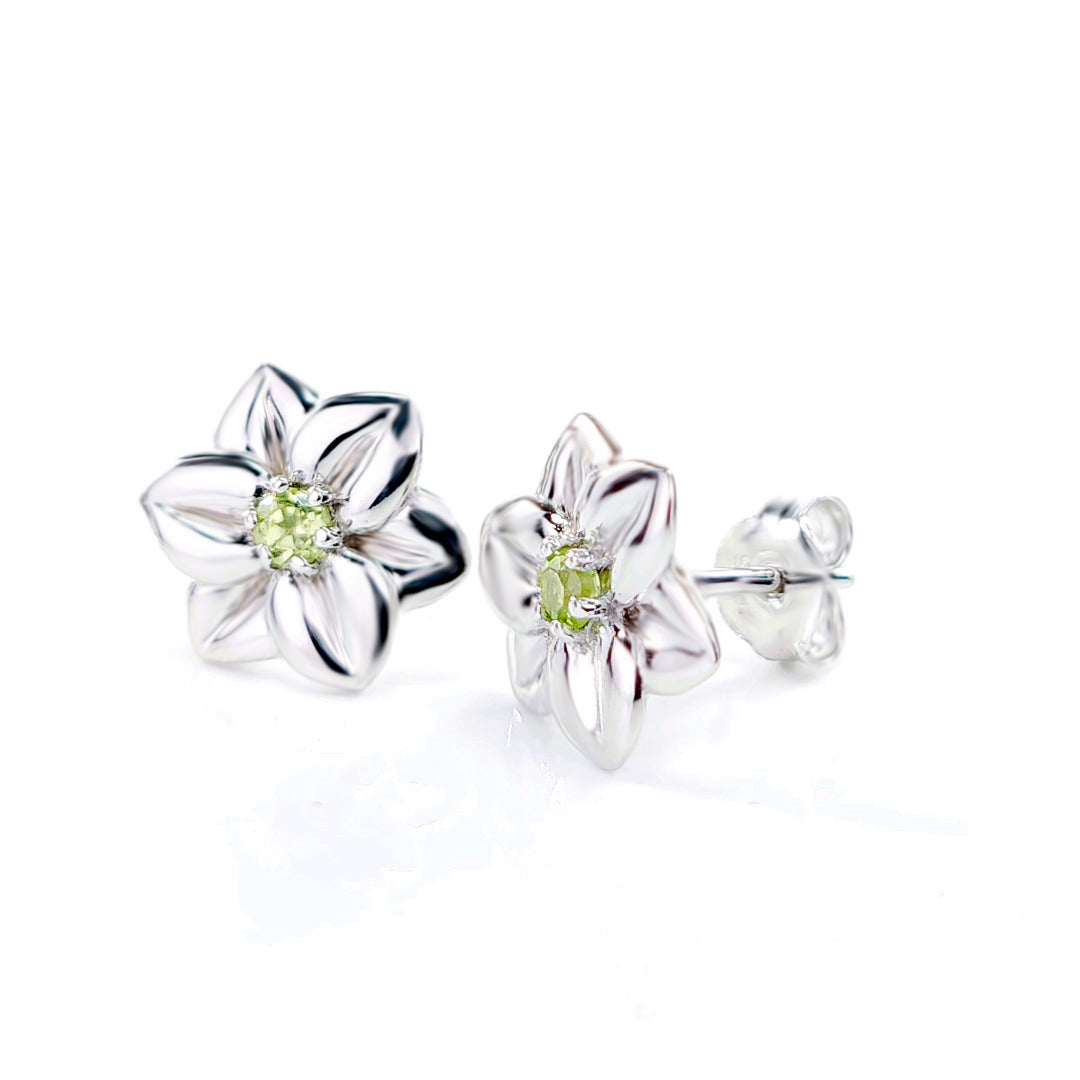 Peridot Flower Earrings 0.14ct Daffodil Green Studs Silver August Birthstone