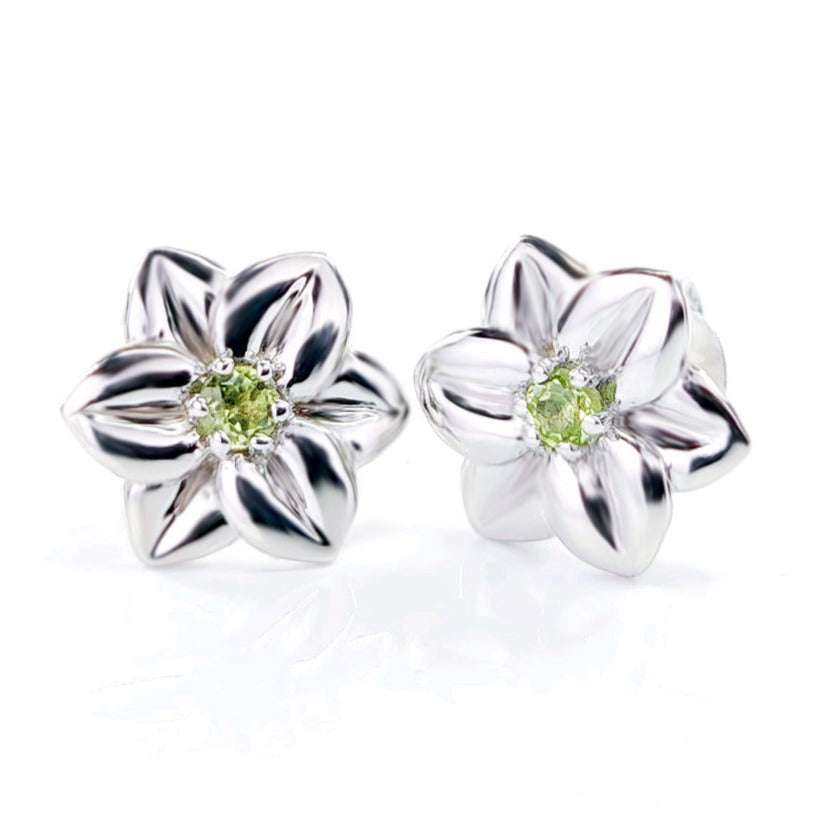 Peridot Flower Earrings 0.14ct Daffodil Green Studs Silver August Birthstone