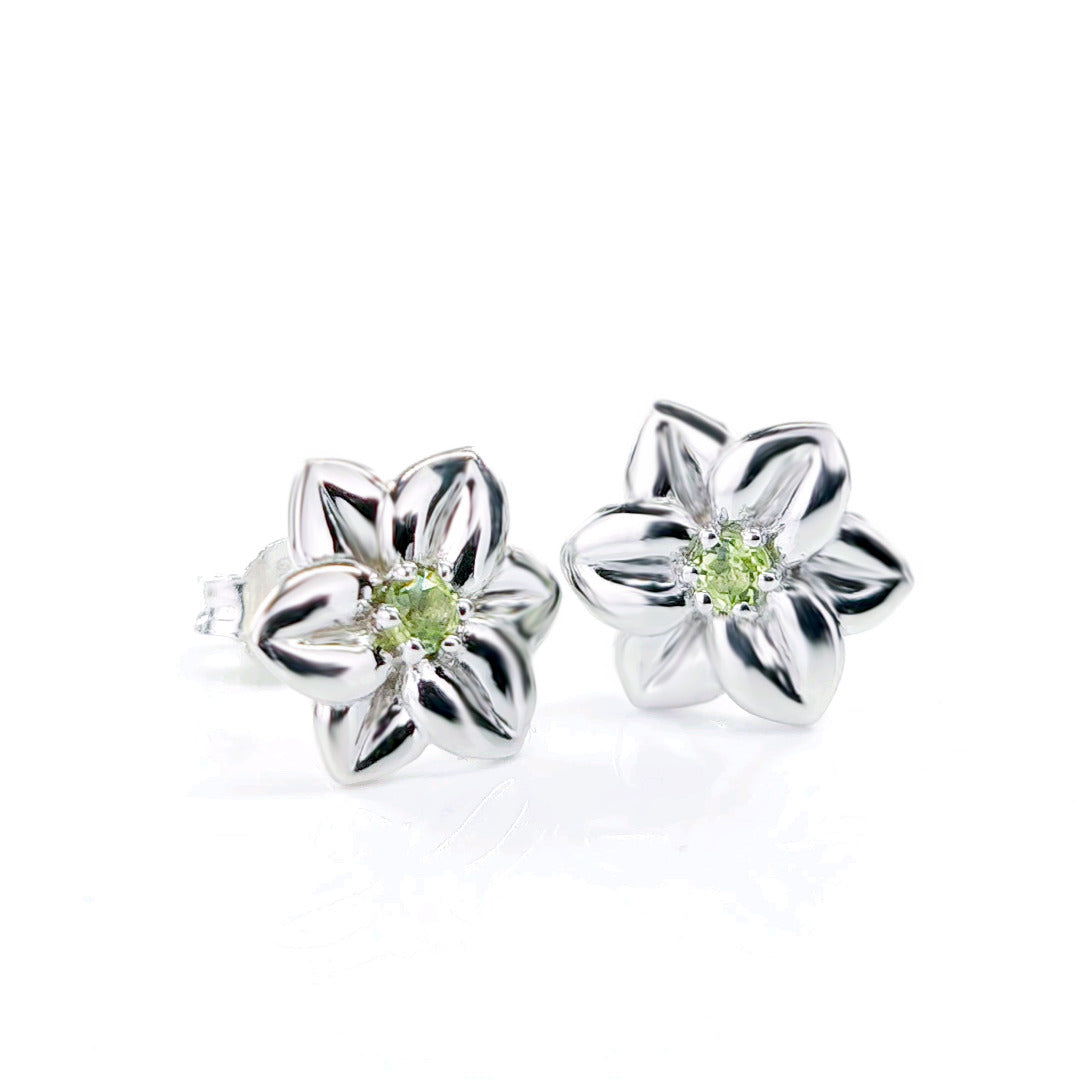 Peridot Flower Earrings 0.14ct Daffodil Green Studs Silver August Birthstone