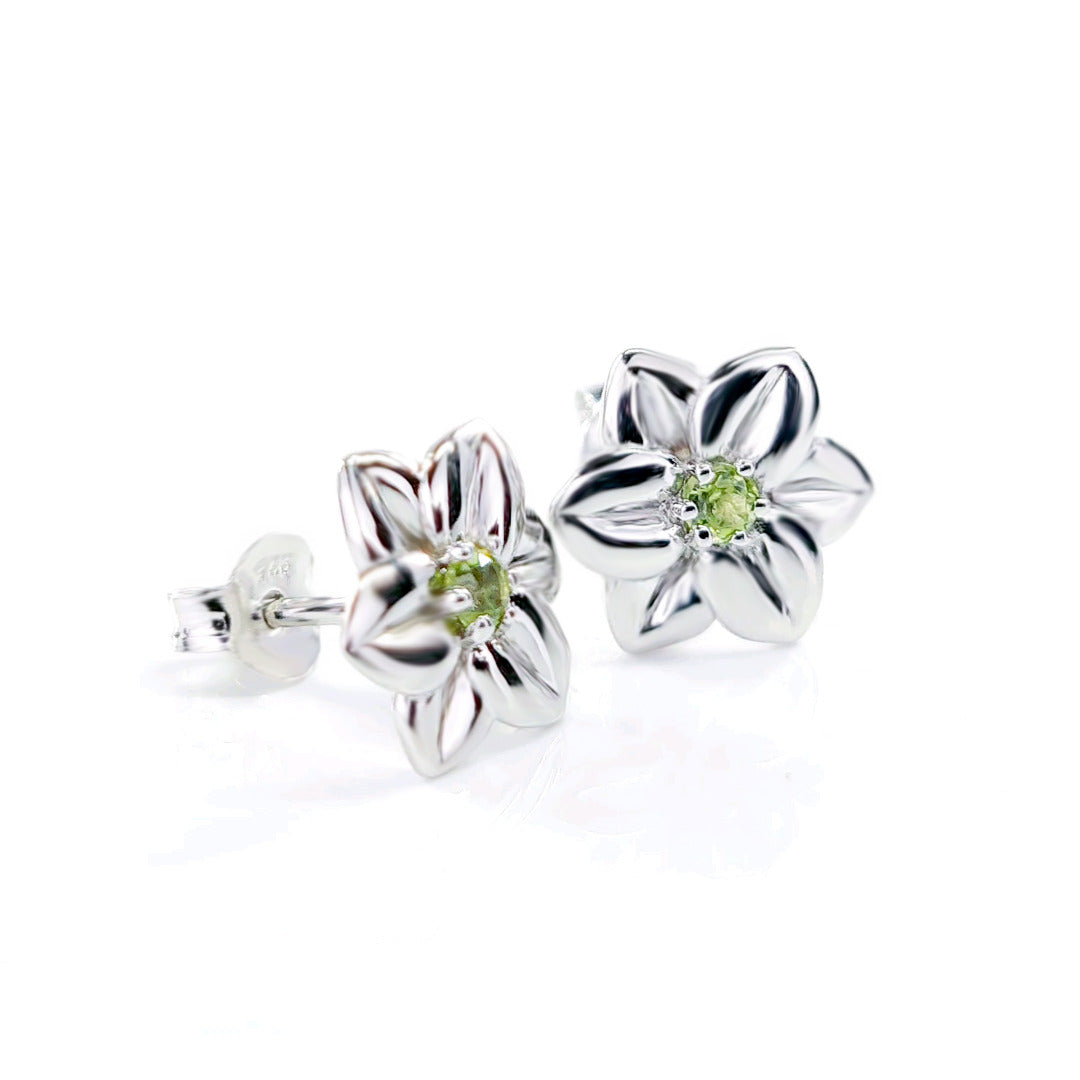 Peridot Flower Earrings 0.14ct Daffodil Green Studs Silver August Birthstone