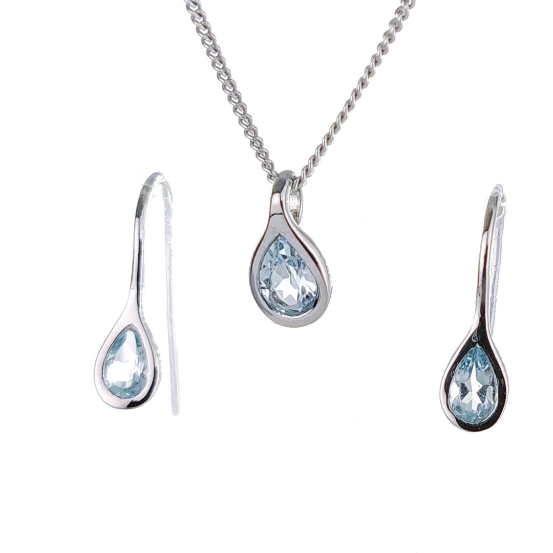 Topaz Necklace Earring Set 1ct Pear Blue Pendant Sterling Silver