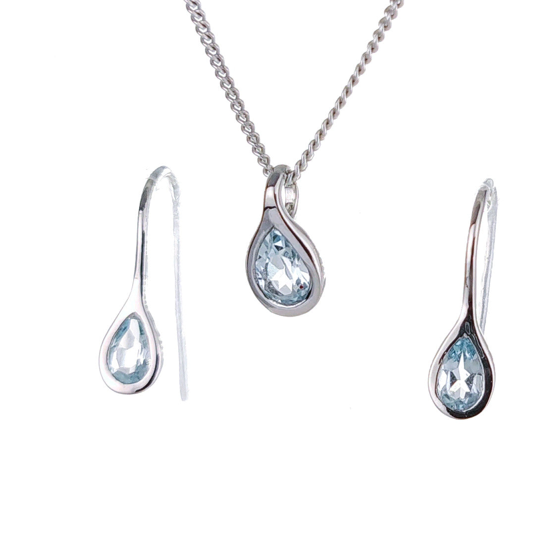 Topaz Necklace Earring Set 1ct Pear Blue Pendant Sterling Silver