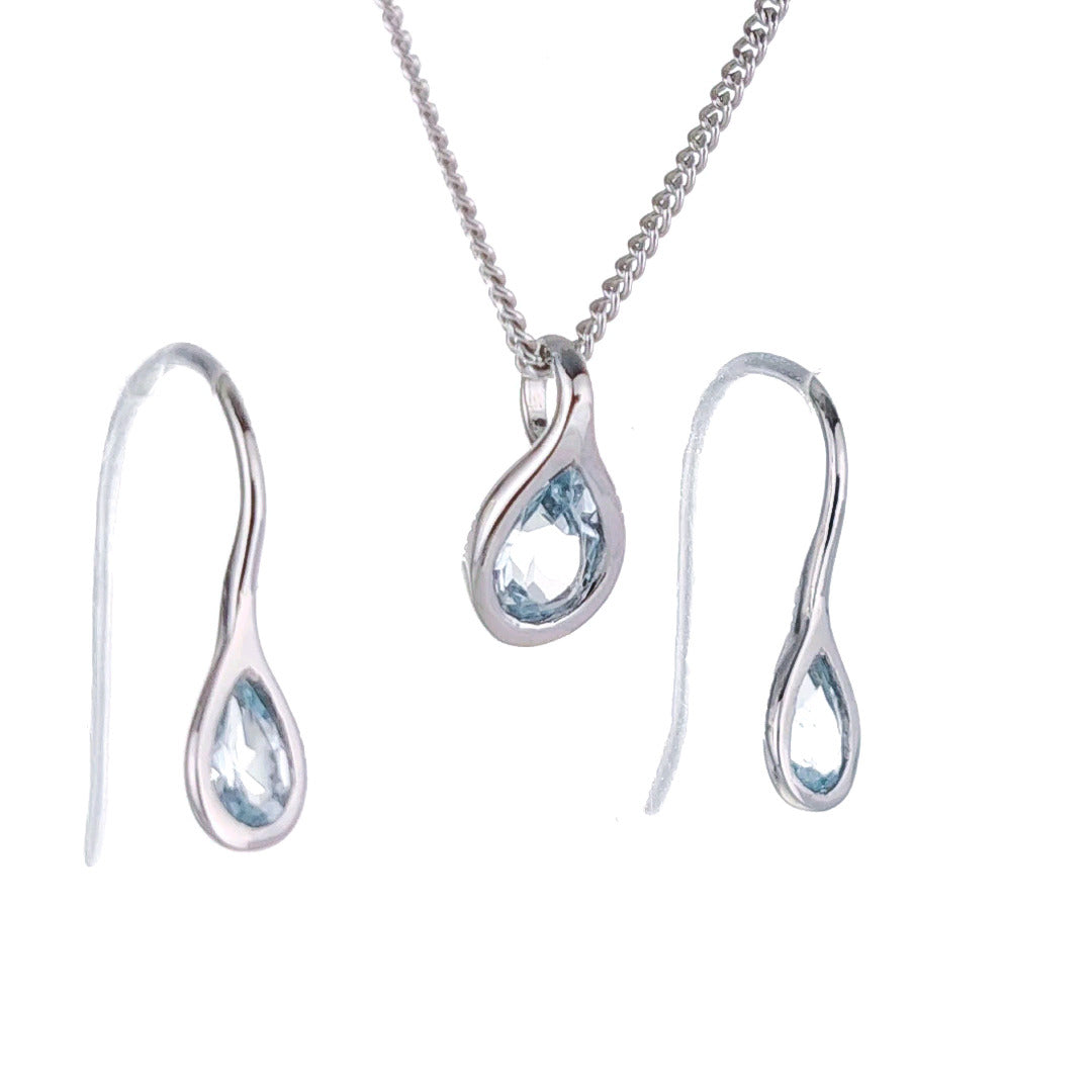 Topaz Necklace Earring Set 1ct Pear Blue Pendant Sterling Silver