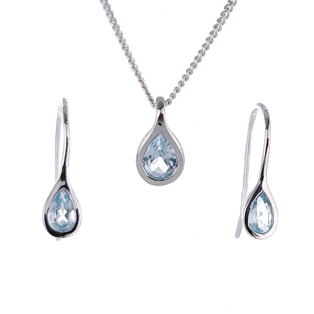 Topaz Necklace Earring Set 1ct Pear Blue Pendant Sterling Silver