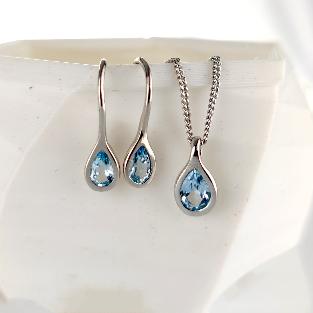 Topaz Necklace Earring Set 1ct Pear Blue Pendant Sterling Silver