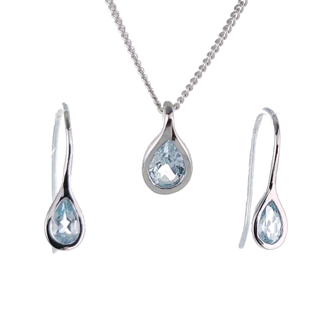 Topaz Necklace Earring Set 1ct Pear Blue Pendant Sterling Silver