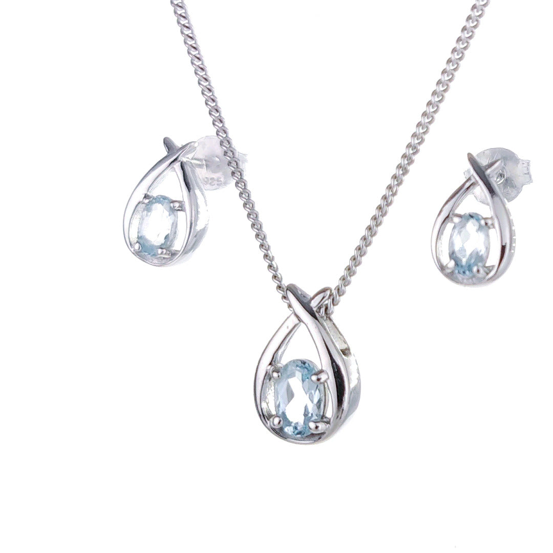 Topaz Necklace Earring Set 1ct Pear Blue Twist Silver December Birthstone