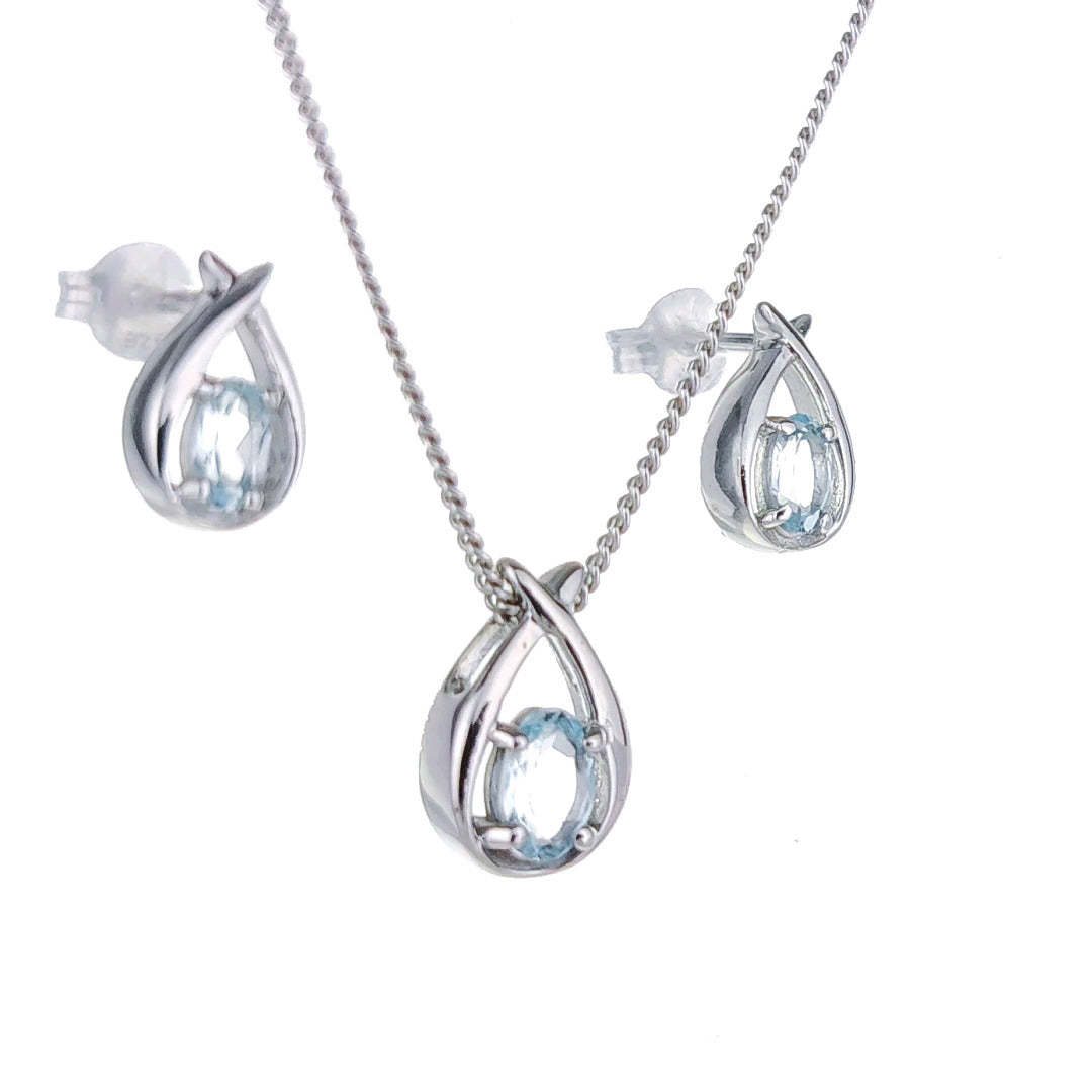 Topaz Necklace Earring Set 1ct Pear Blue Twist Silver December Birthstone