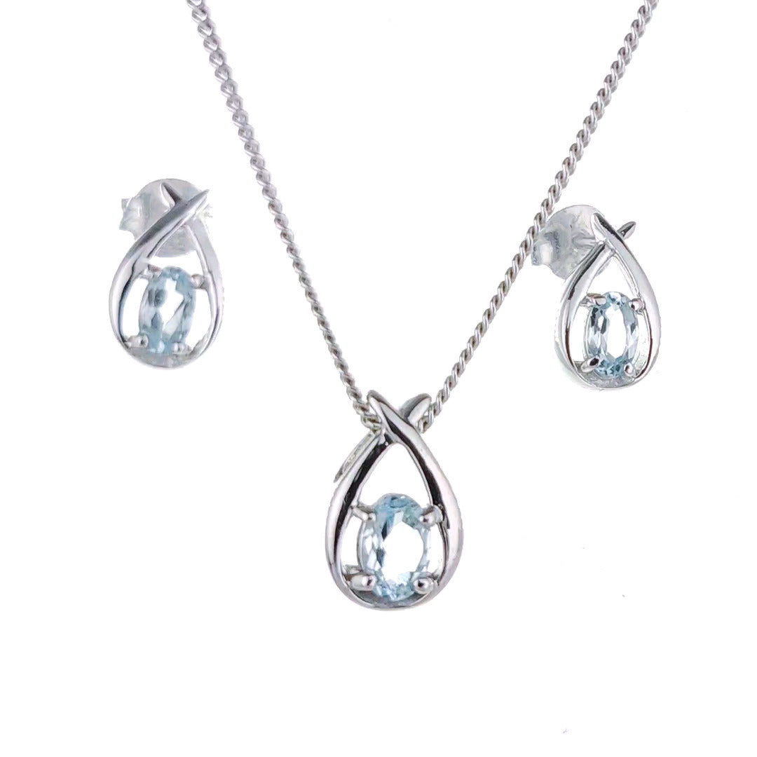 Topaz Necklace Earring Set 1ct Pear Blue Twist Silver December Birthstone