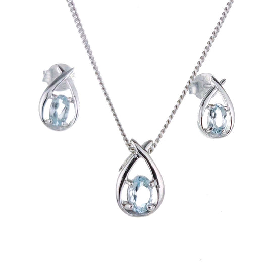 Topaz Necklace Earring Set 1ct Pear Blue Twist Silver December Birthstone