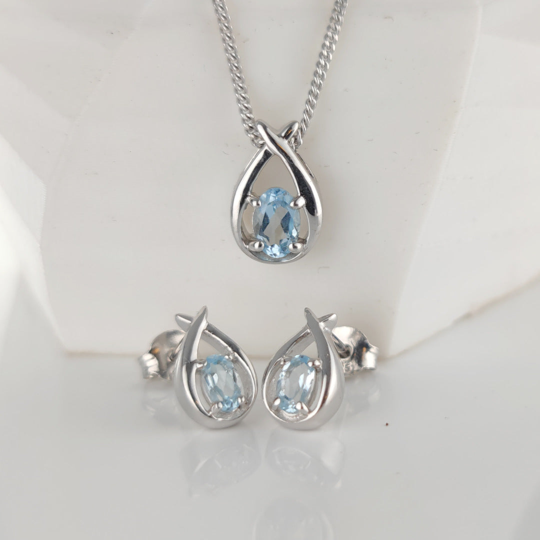 Topaz Necklace Earring Set 1ct Pear Blue Twist Silver December Birthstone