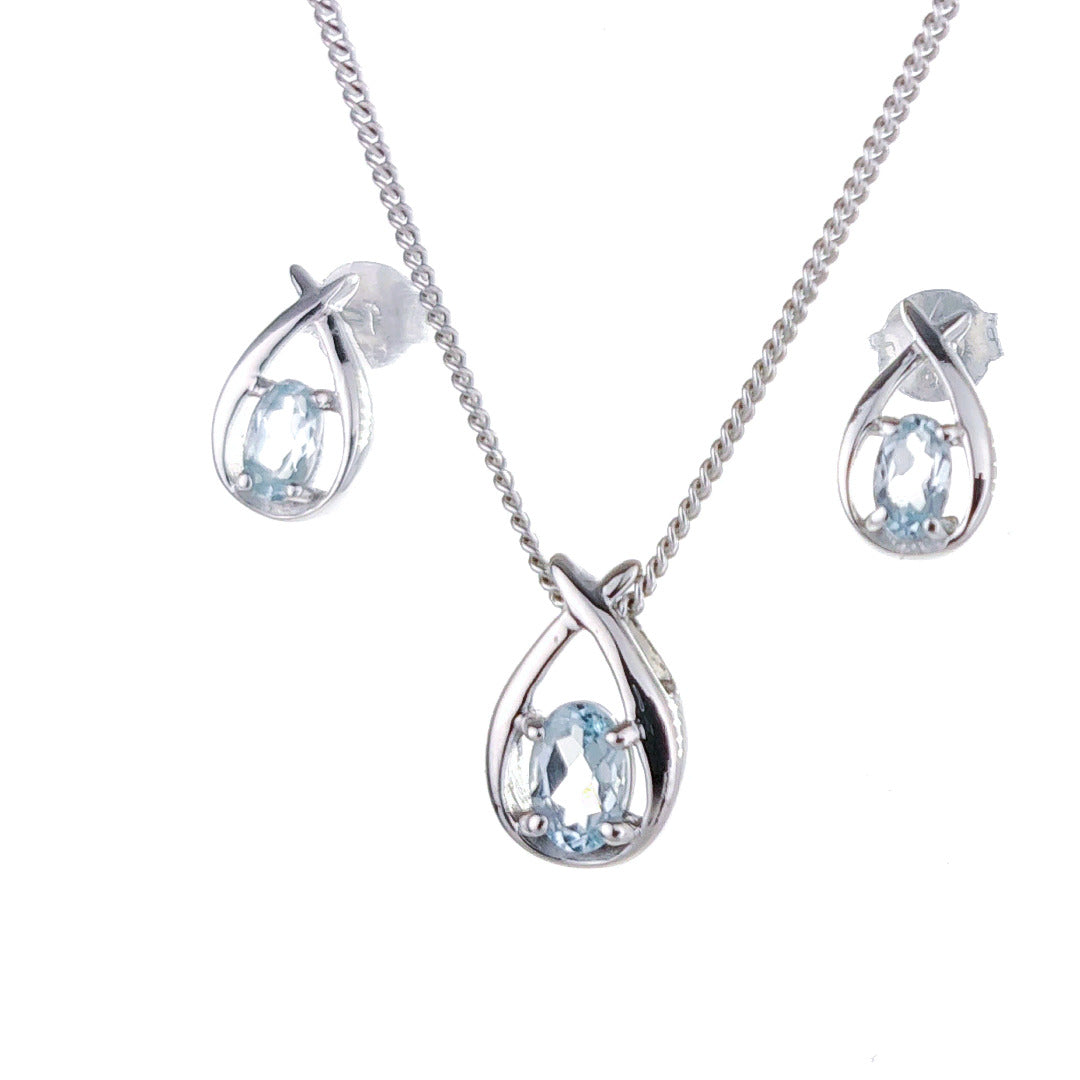 Topaz Necklace Earring Set 1ct Pear Blue Twist Silver December Birthstone