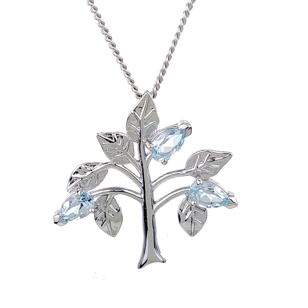 Topaz Necklace 0.75ct Blue Tree of Life Pendant Silver December Birthstone