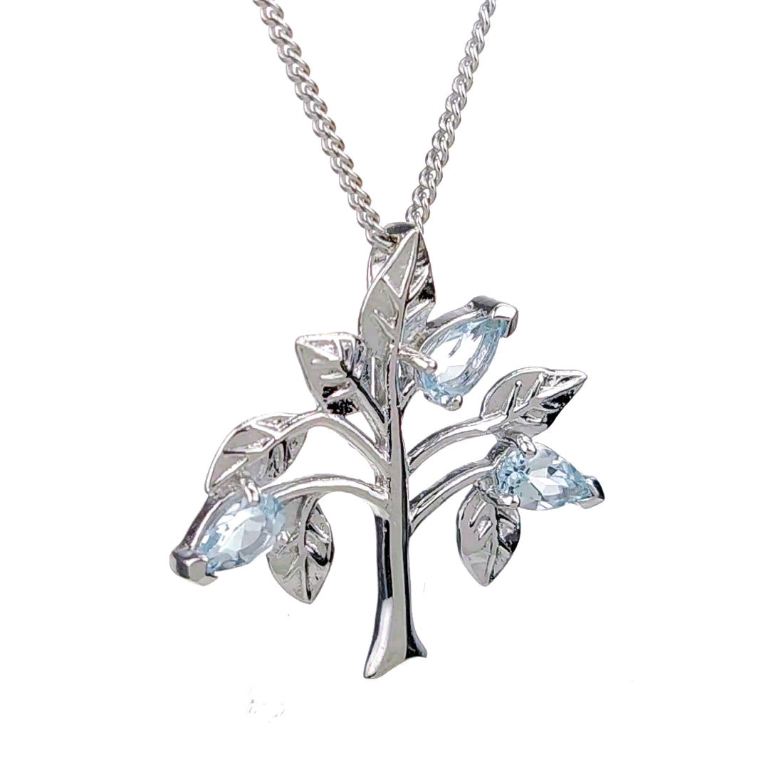 Topaz Necklace 0.75ct Blue Tree of Life Pendant Silver December Birthstone