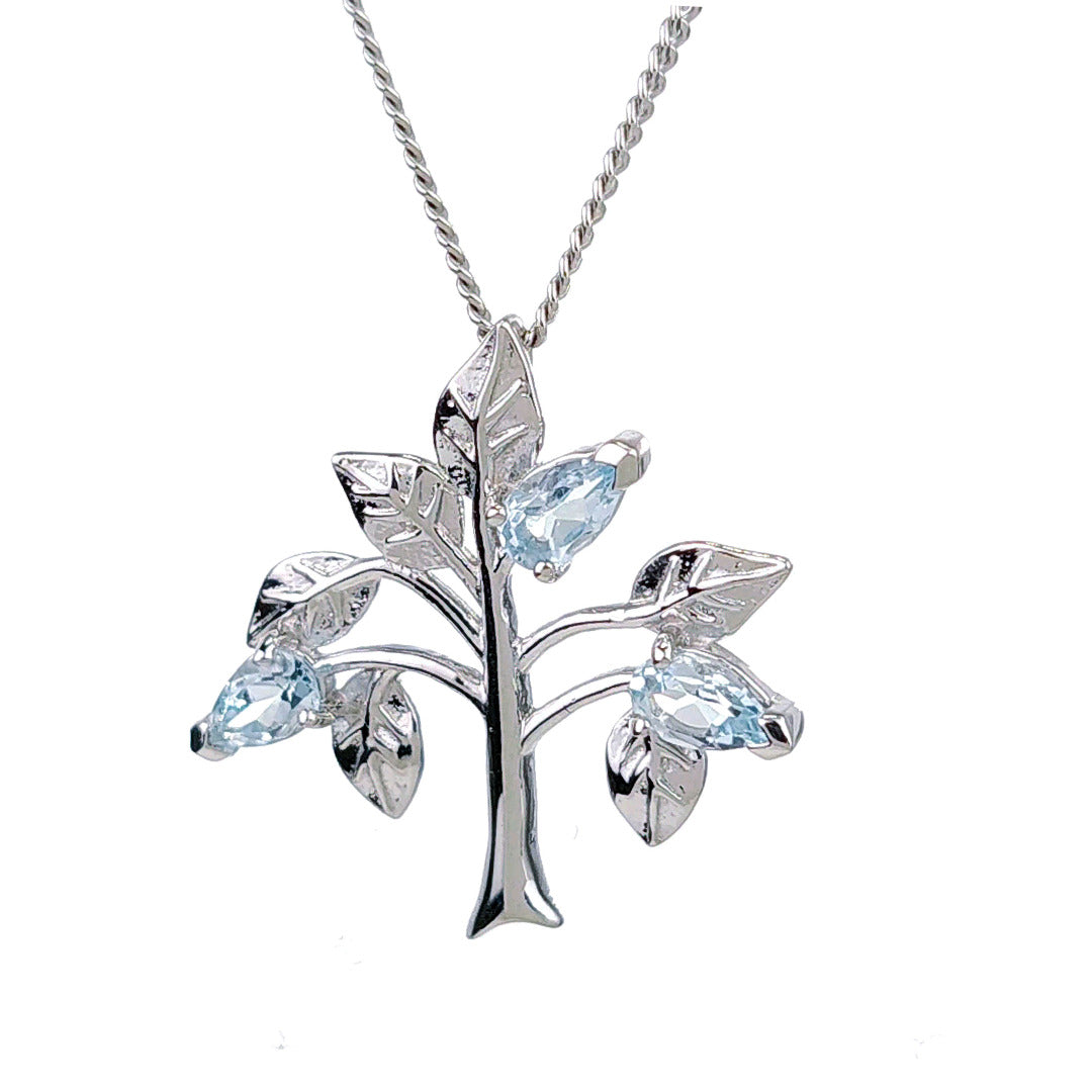 Topaz Necklace 0.75ct Blue Tree of Life Pendant Silver December Birthstone