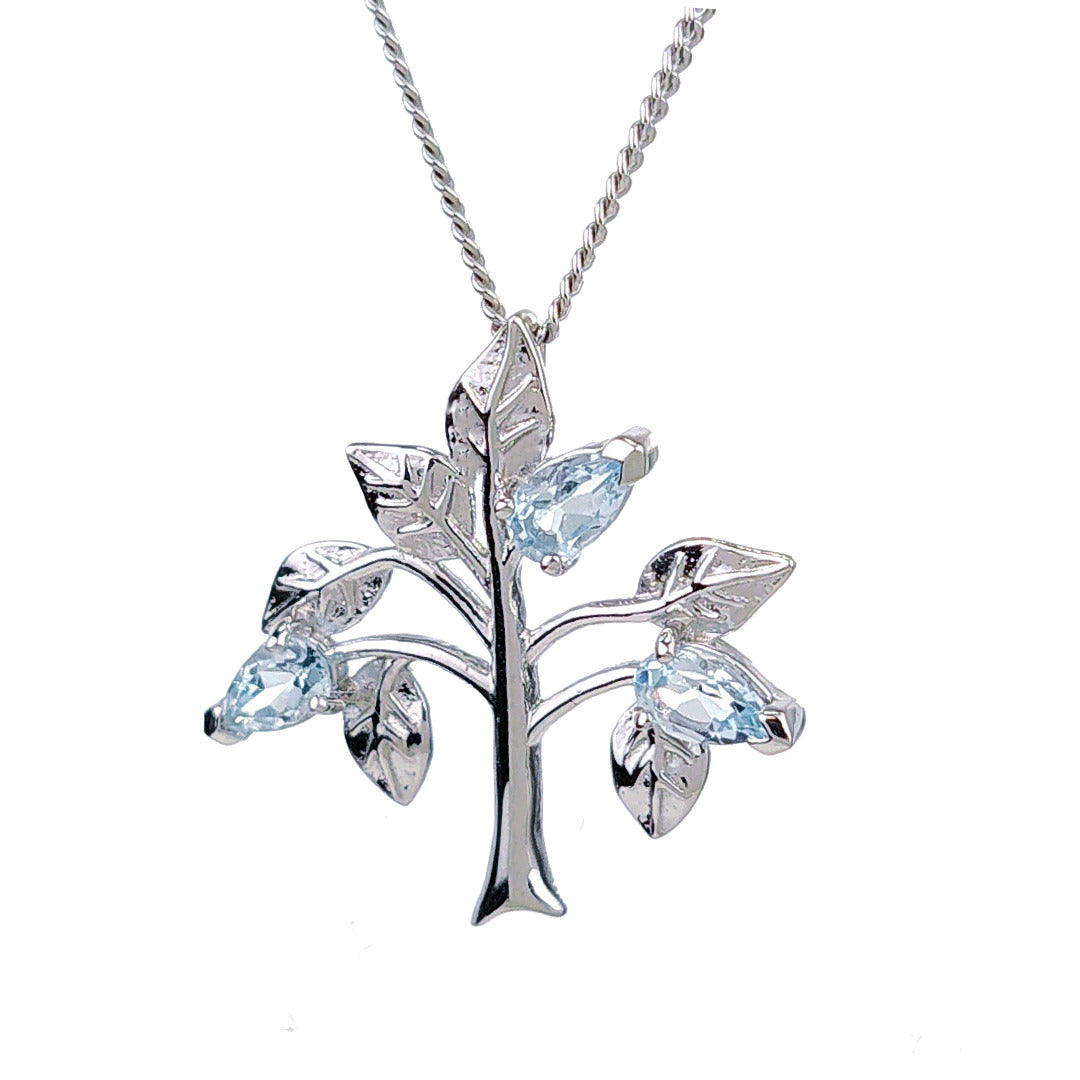 Topaz Necklace 0.75ct Blue Tree of Life Pendant Silver December Birthstone