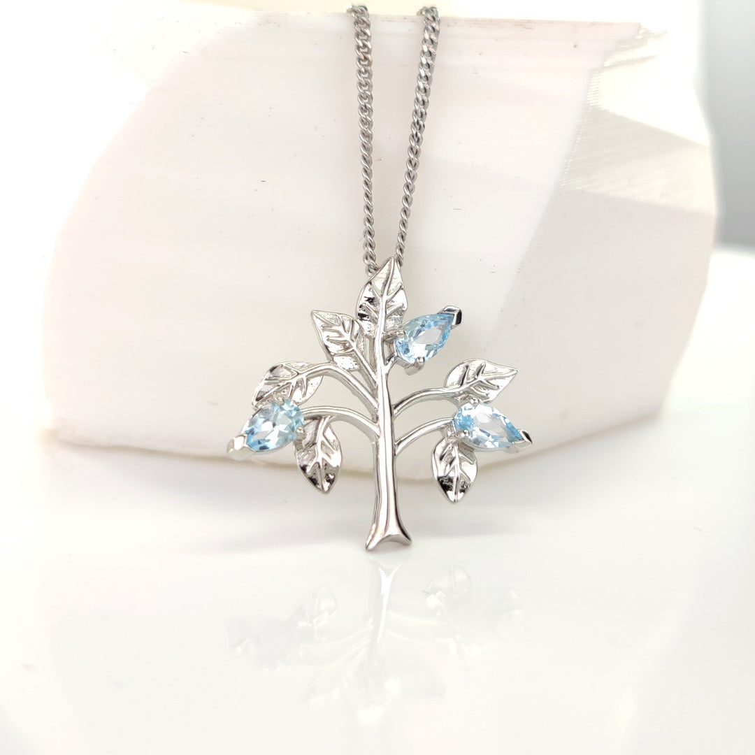 Topaz Necklace 0.75ct Blue Tree of Life Pendant Silver December Birthstone