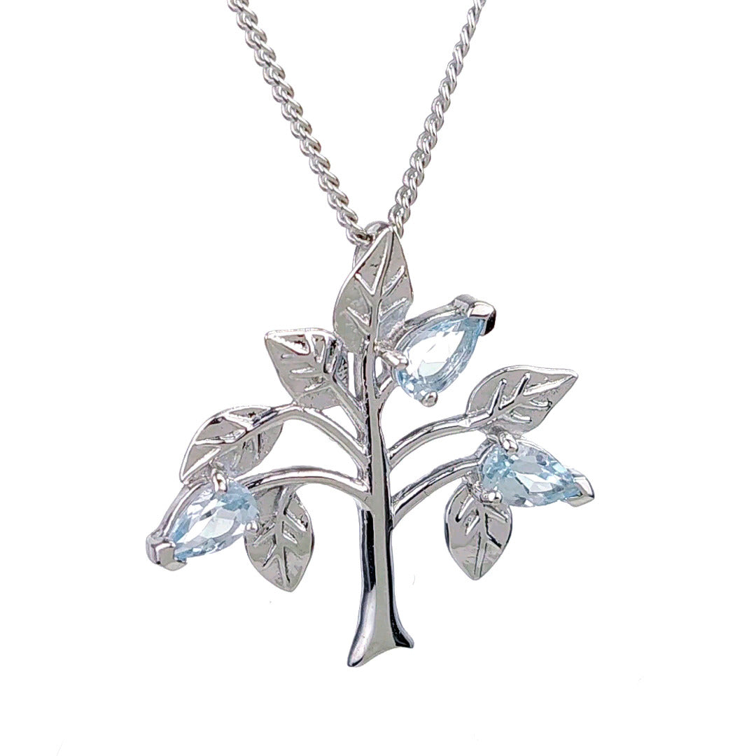 Topaz Necklace 0.75ct Blue Tree of Life Pendant Silver December Birthstone