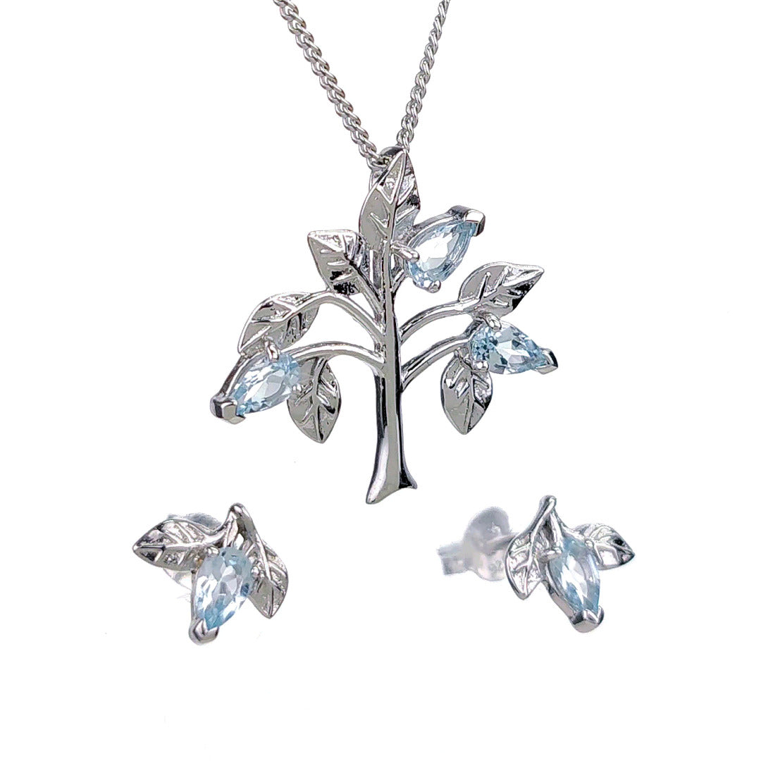 Topaz Necklace Earring Set 1.25ct Blue Tree of Life Silver December Birthstone