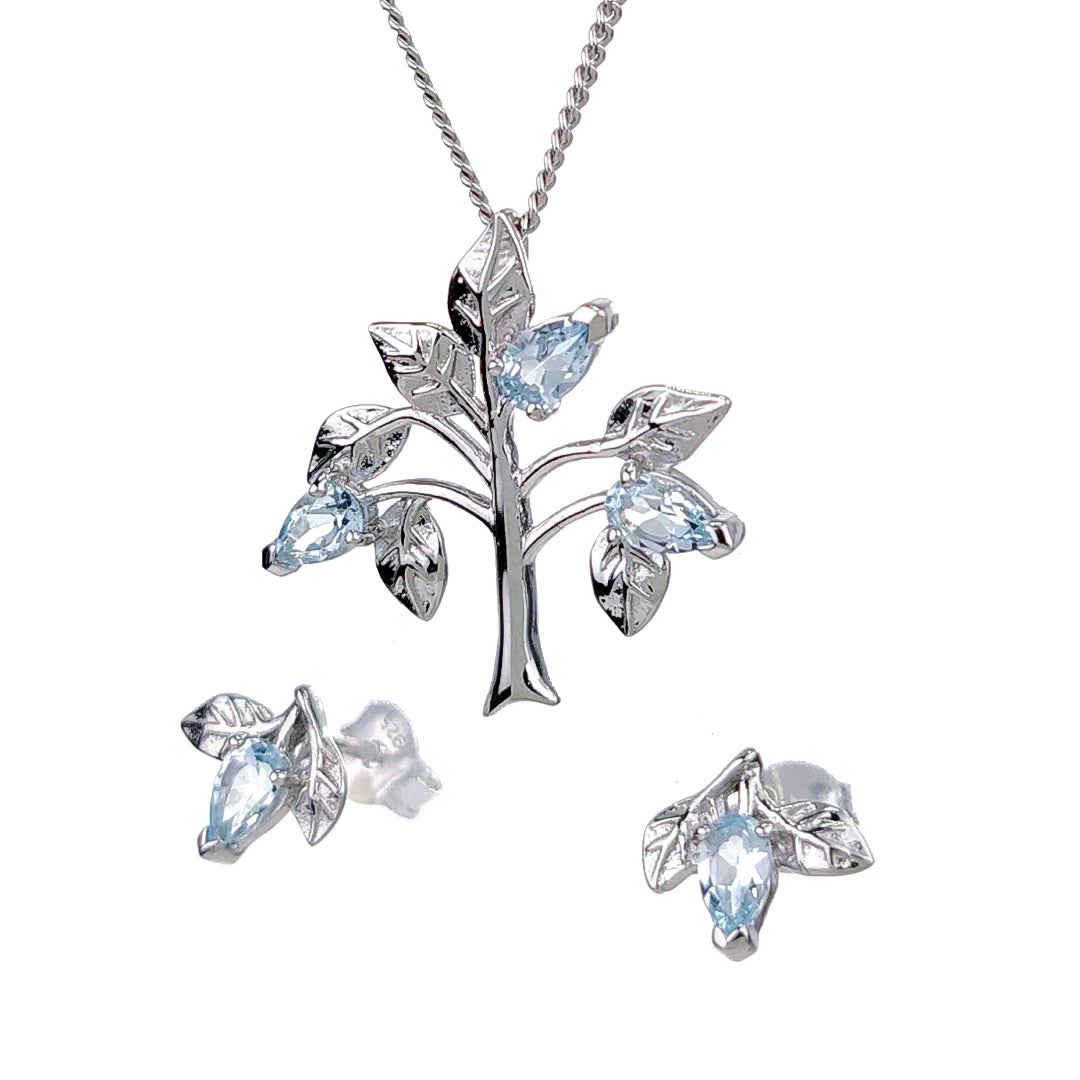 Topaz Necklace Earring Set 1.25ct Blue Tree of Life Silver December Birthstone