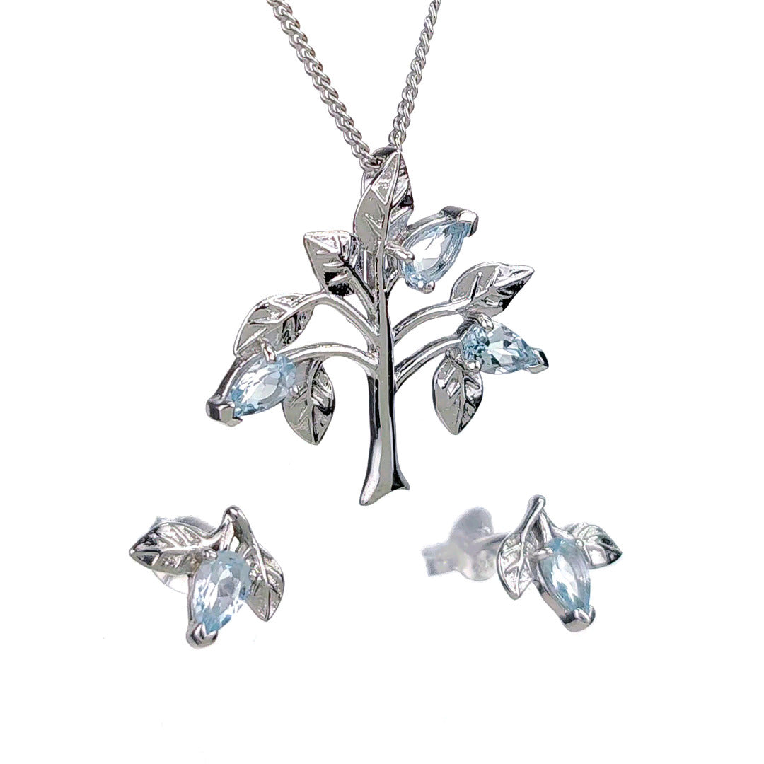 Topaz Necklace Earring Set 1.25ct Blue Tree of Life Silver December Birthstone