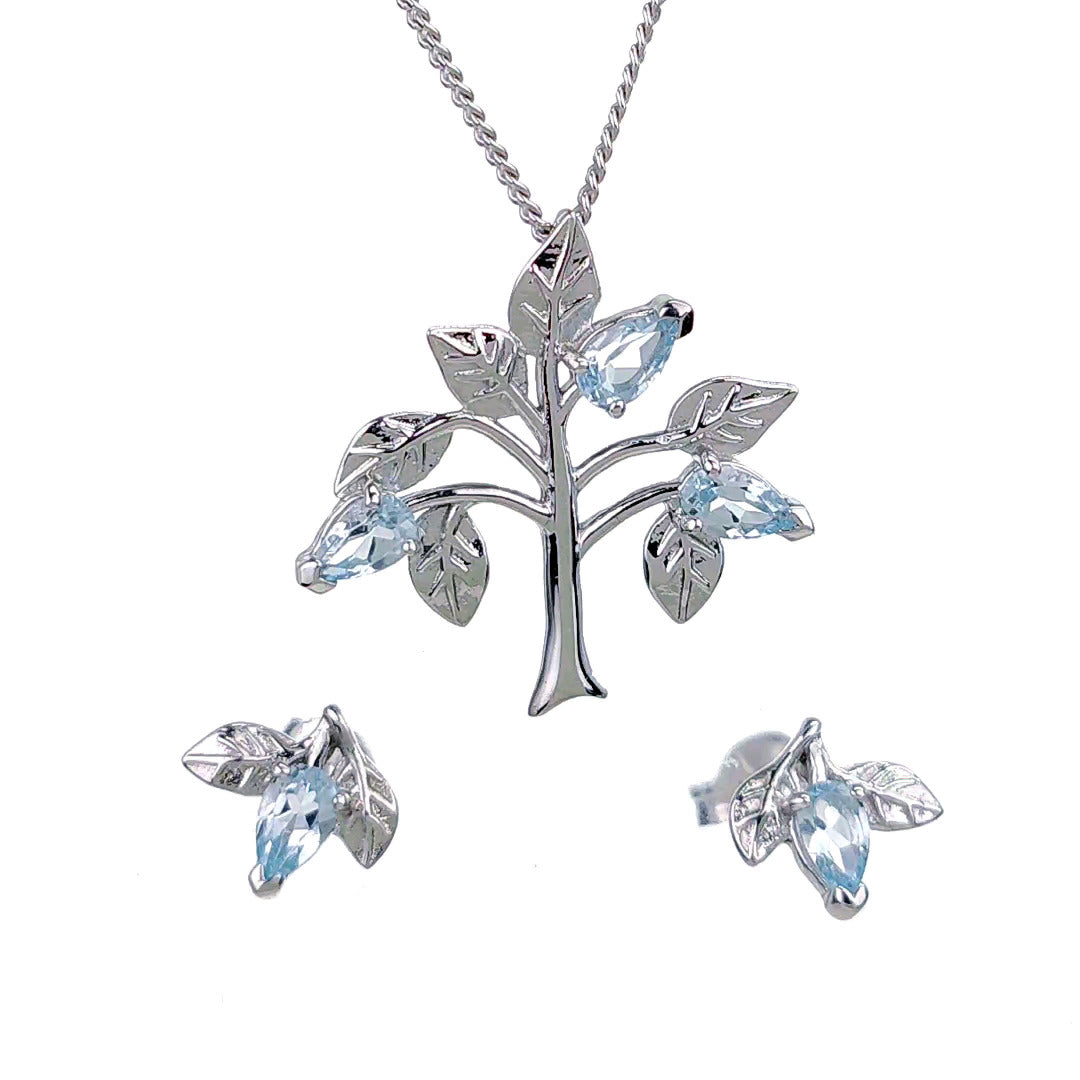 Topaz Necklace Earring Set 1.25ct Blue Tree of Life Silver December Birthstone