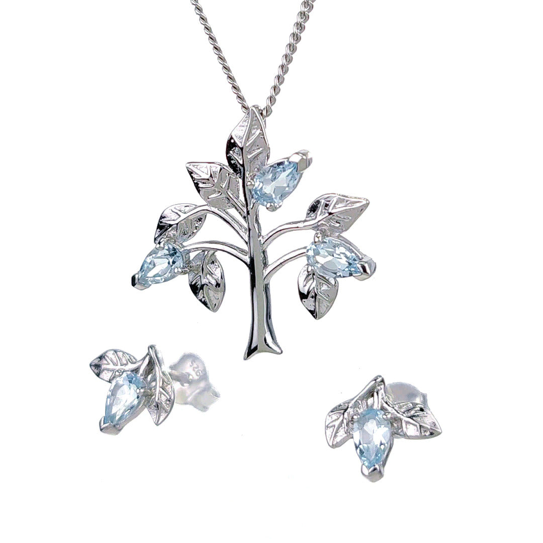 Topaz Necklace Earring Set 1.25ct Blue Tree of Life Silver December Birthstone