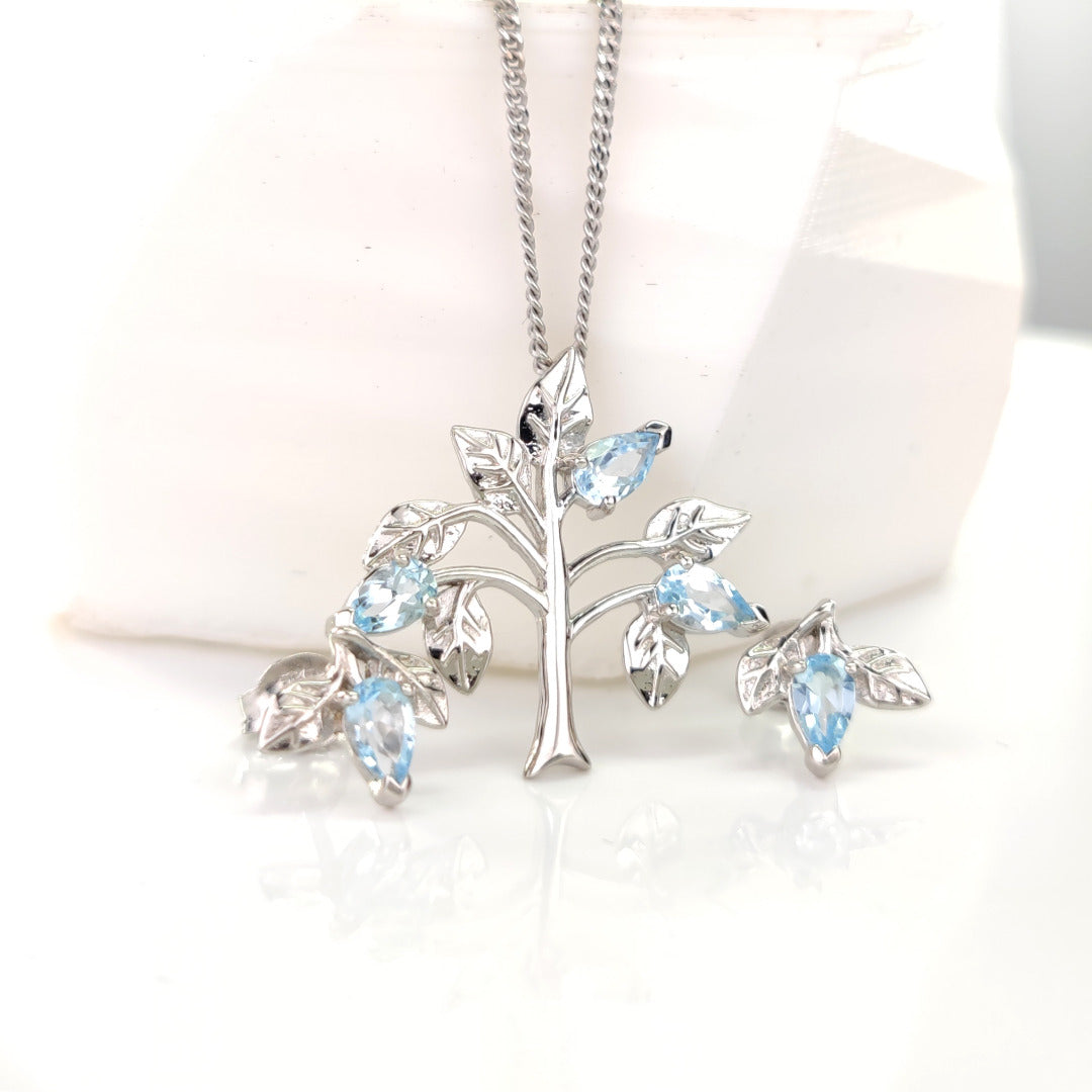 Topaz Necklace Earring Set 1.25ct Blue Tree of Life Silver December Birthstone