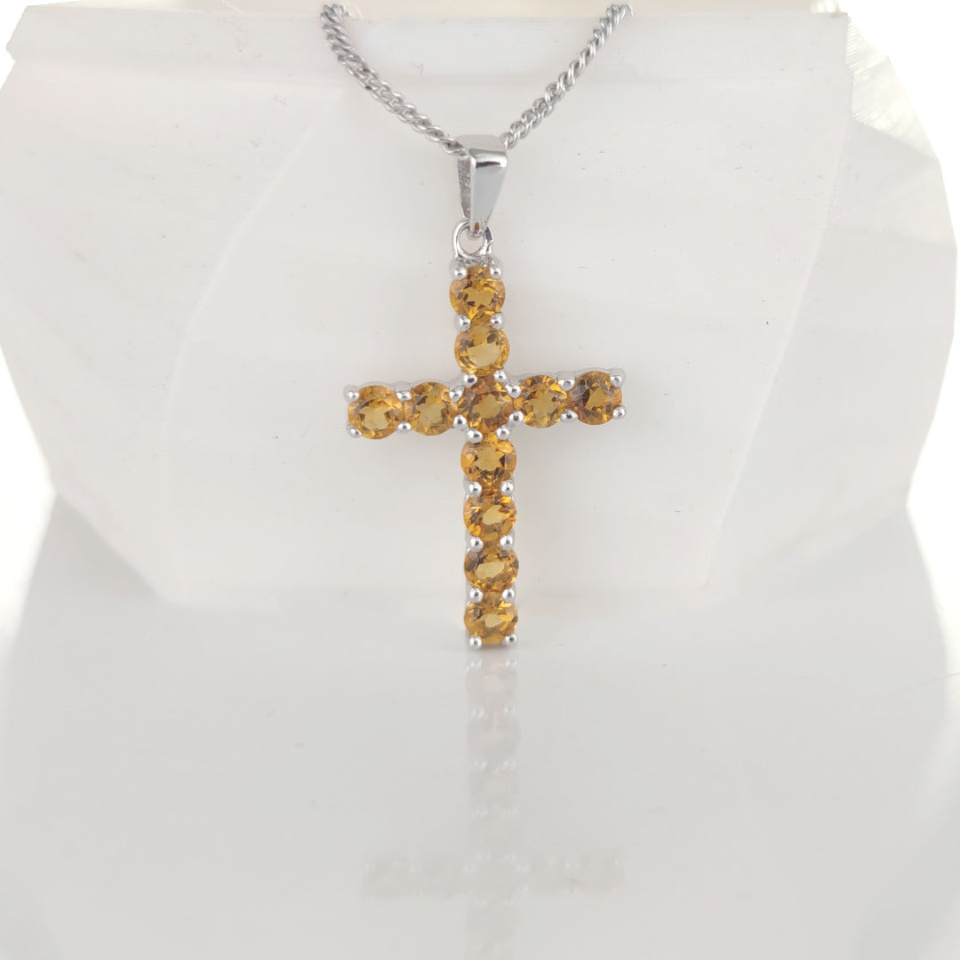 Citrine Necklace 1.1ct Yellow Cross Pendant Sterling Silver November Birthstone