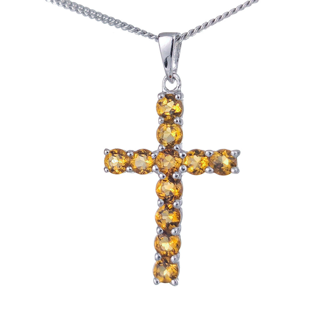 Citrine Necklace 1.1ct Yellow Cross Pendant Sterling Silver November Birthstone